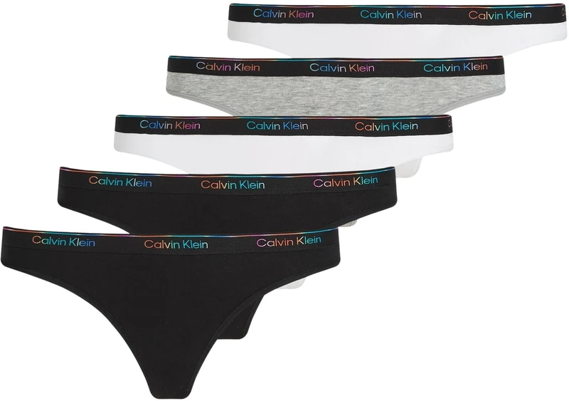 Calvin Klein Women's 5 Pack Thongs with Logo, Multicolor (Black/White/Black/Gry Htr/White), L