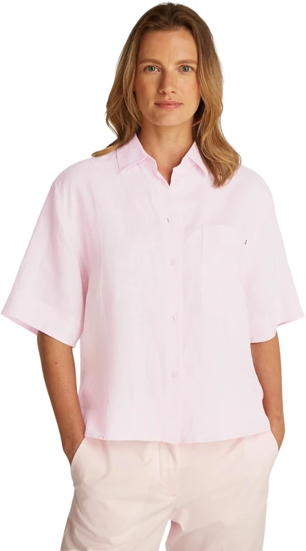 Tommy Hilfiger Women’s Short Sleeve Relaxed Fit Linen Shirt, Pink (Light Pink), 12