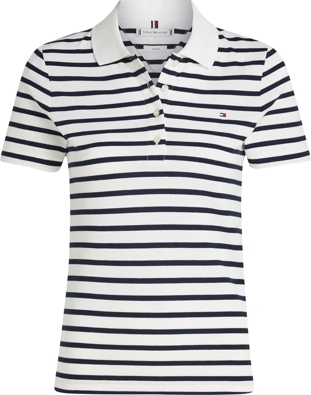 Tommy Hilfiger Women's Short Sleeve Slim Fit Polo Shirt, Multicolor (Breton Ecru/Dark Night Navy STP), L