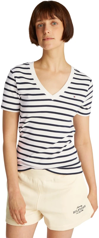 Tommy Hilfiger Women’s Short Sleeve T-Shirt New Slim Cody V-Neck, Multicolor (Breton Dark Night Navy STP), S