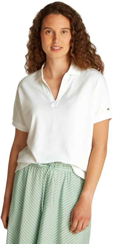 Tommy Hilfiger Women’s Short Sleeve Relaxed Lyocell Polo Shirt Without Button Placket, White (Ecru), XS