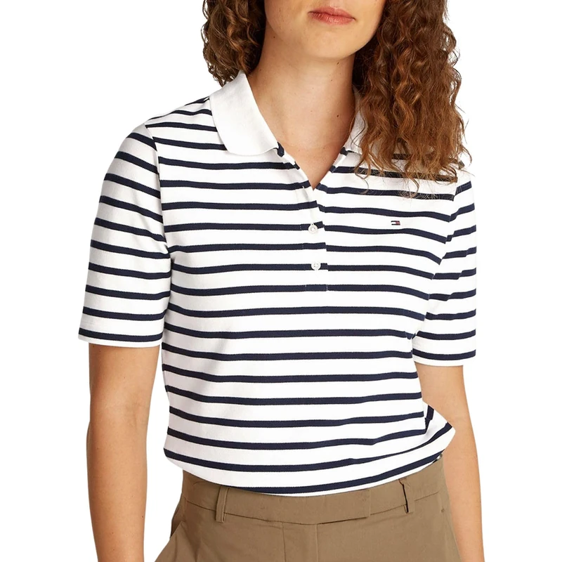 Tommy Hilfiger Women's Regular Fit Short Sleeve Polo Shirt, Multicolor (Breton Ecru/Dark Night Navy STP), XS