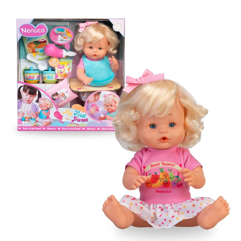 Nenuco - My First Porridge, 35 cm Baby Doll and Hard Body with Blonde Hair and Accessories, Prepare the Food and Give Her First Porridge with her Baby Spoon, Children +3 Years, Famous (NFN96000) - Image 1