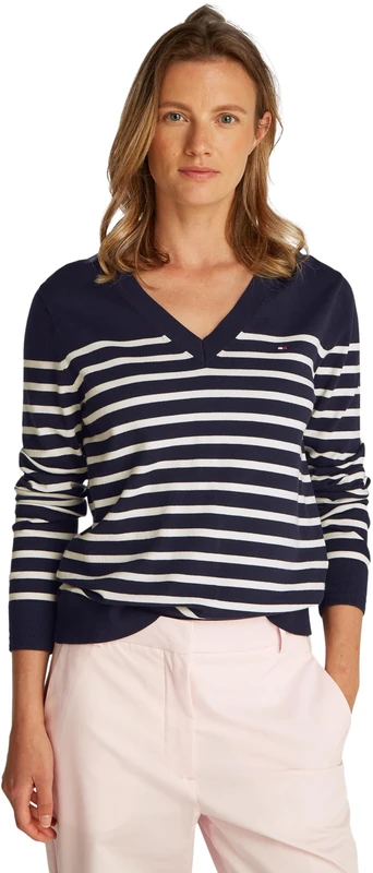 Tommy Hilfiger Women's V-Neck Jersey Jumper, Multicolor (Dark Night Navy/Ivory Petal STP), S