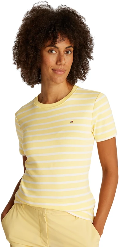 Tommy Hilfiger Women’s Short Sleeve Round Neck Slim Cody T-Shirt, Multicolor (Citronella/Ecru STP), XXS