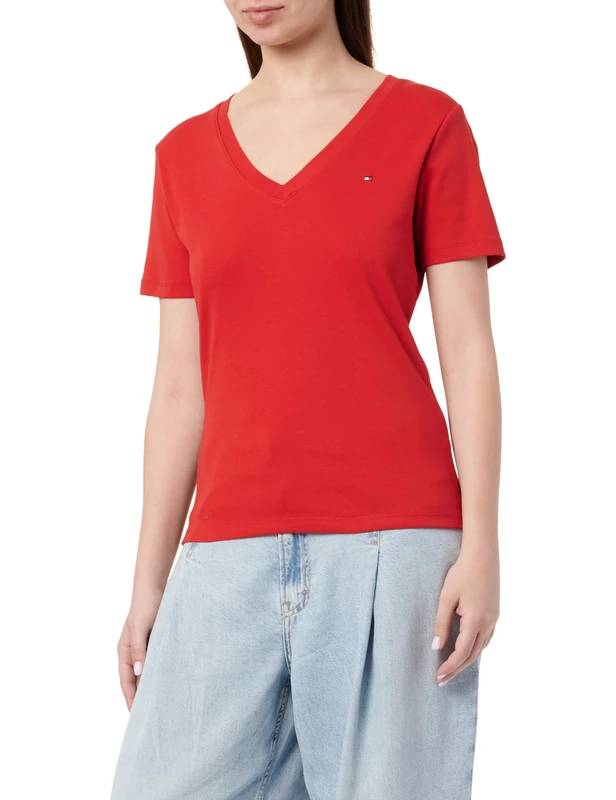 Tommy Hilfiger Women’s Short Sleeve T-Shirt New Slim Cody V-Neck, Red (Primary Red), XS
