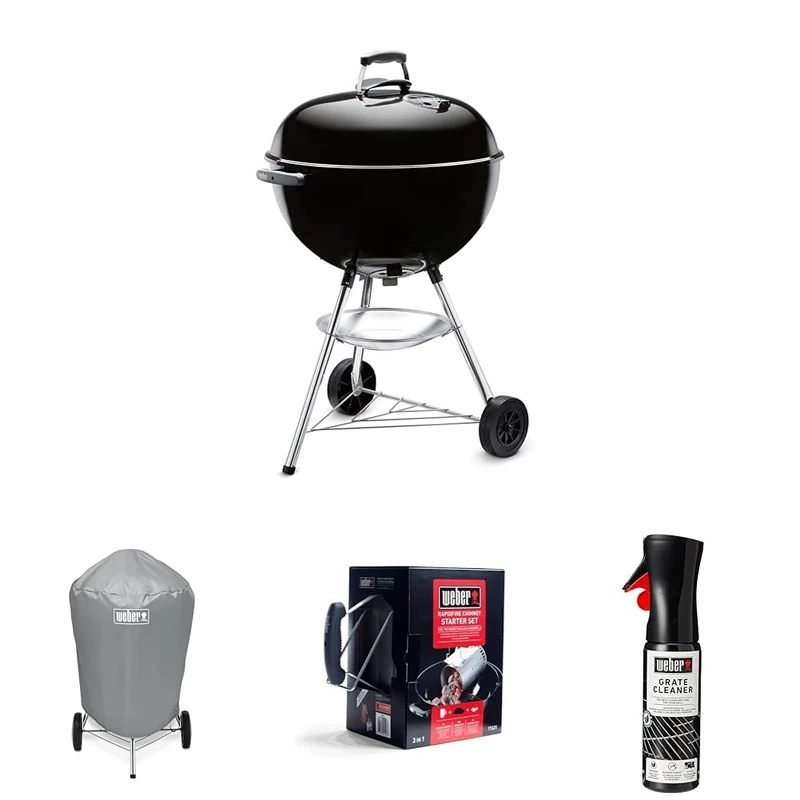 Bundle - Weber Bar-B-Kettle Charcoal Barbecue, 57cm | BBQ Grill with Lid Cover, Tripod Stand & Wheels | Freestanding Outdoor Oven & Cooker with Porcelain-Enamelled Bowl - Black (1331004)