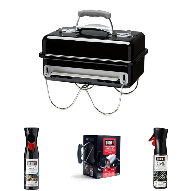 Bundle - Weber Go-Anywhere Barbeque Grill Portable Grill Table Top Camping Barbeque with Lid Porcelain-Enamelled Bowl Small & Lightweight Deep Dish Outdoor Stove - Black (1131004), 415 * 550 * 280mm