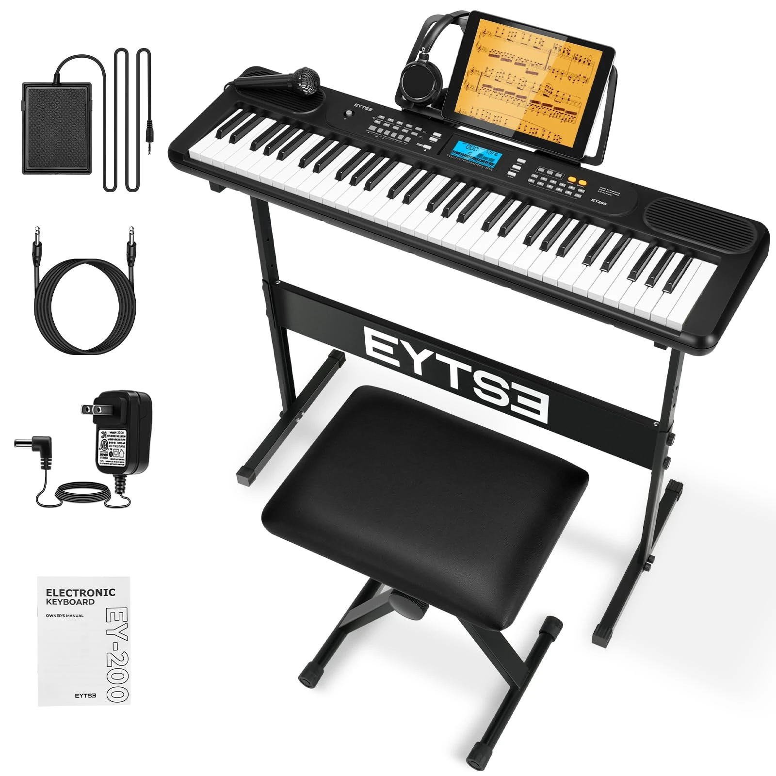 EYTSE - 61 keys keyboard for beginners full size electronic keyboard full set of electric keyboard, LCD, earphone, stand, stool, music rest, microphone,