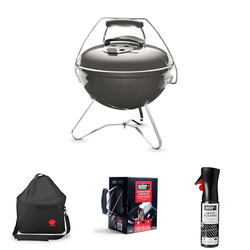 Bundle-Weber Smokey Joe Premium Charcoal Grill Barbeque,37cm Portable BBQ Grill with Tuck-N-Carry Lid Cover & Plated Steel Legs Folding Outdoor Cooker Porcelain-Enamelled Bowl - Smoke Grey (1126704)