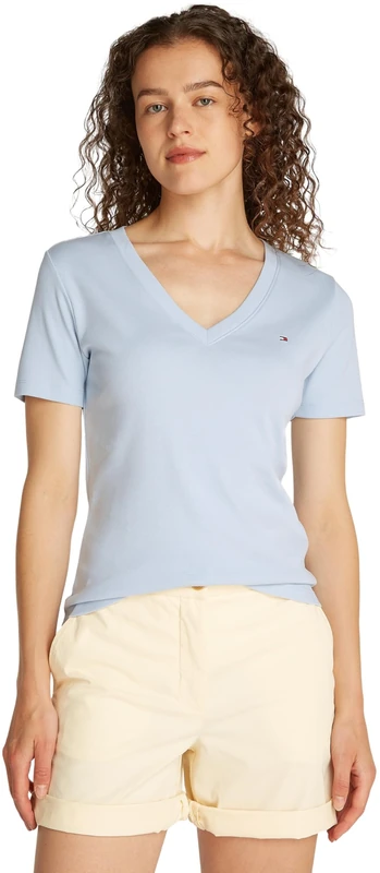 Tommy Hilfiger Women’s Short Sleeve T-Shirt New Slim Cody V-Neck, Blue (Breezy Blue), XS