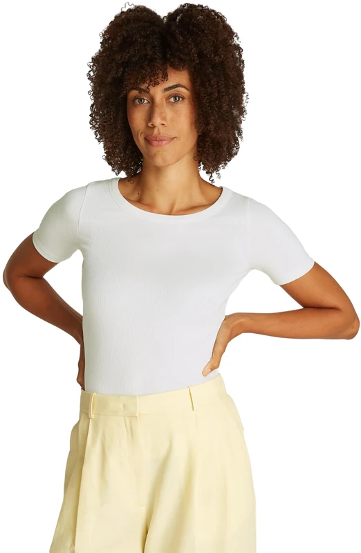 Tommy Hilfiger Women’s Short Sleeve Ribbed 5X2 Slim Fit T-Shirt, White (Ecru), S