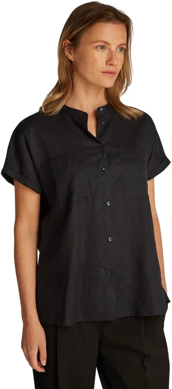 Tommy Hilfiger Women’s Short Sleeve Collarless Linen Blouse, Black (Black), 8