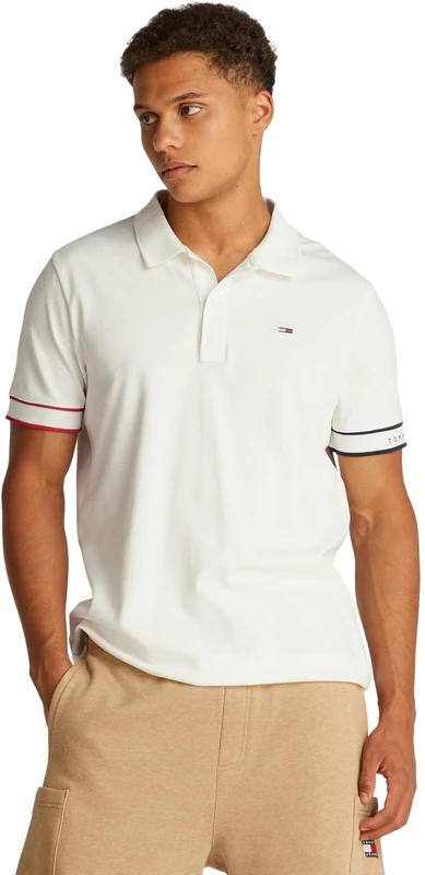 Tommy Jeans Men TJM Slim Flag Cuff Polo EXT S/S Polo, White, XS