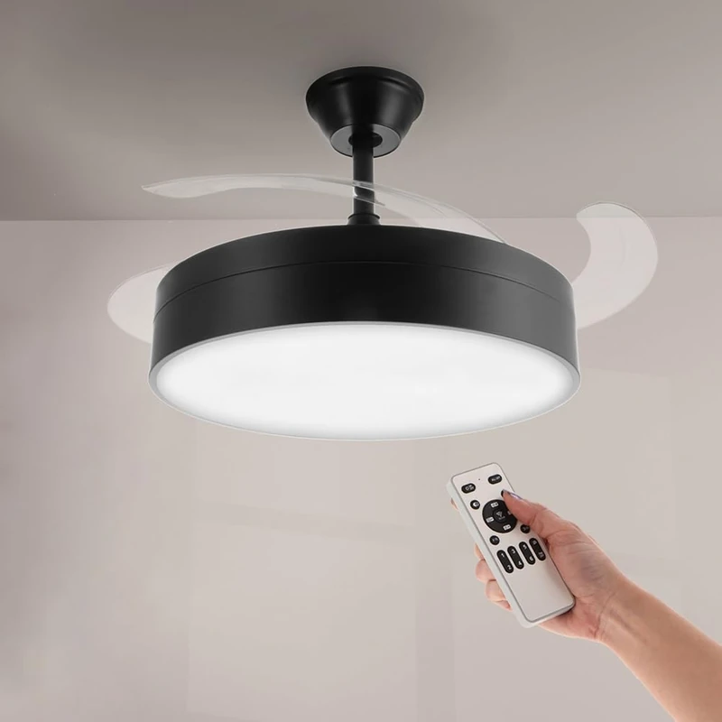M mimotec – Ceiling Fan with LED Light Messe 72 W, Black, Remote Control, 6 Speeds, Quiet, 4 Retractable Blades, Summer-Winter Function, Timer, 3 Tones.