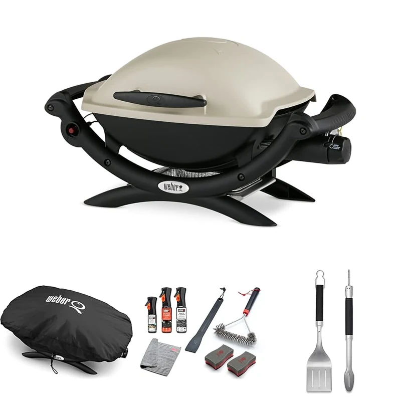 Bundle - Weber Q1000 Gas Grill Barbeque | Table Top BBQ Grill & Char Griller | Cast Aluminium Lid Cover & Body | for Home or Travel | Portable Premium Classic Mini Gas BBQ - Titanium (50060074)