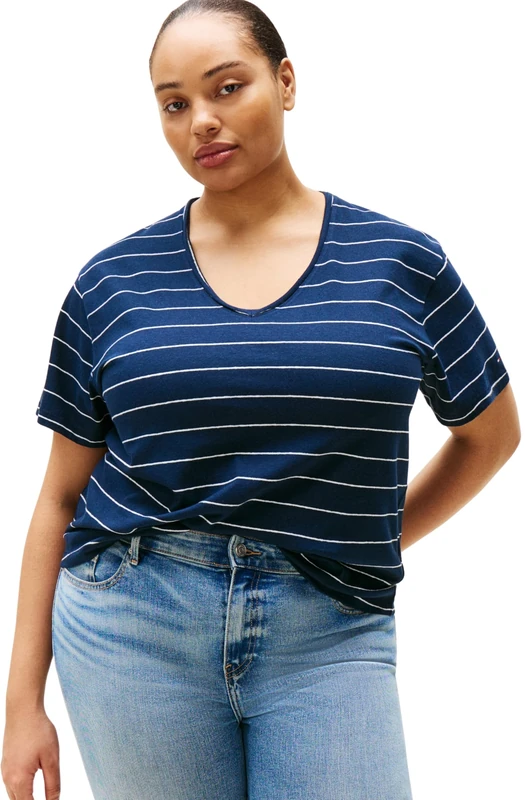 Tommy Hilfiger Women’s Short Sleeve V-Neck Modern Linen T-Shirt, Multicolor (Big STP Dark Night Navy), 24