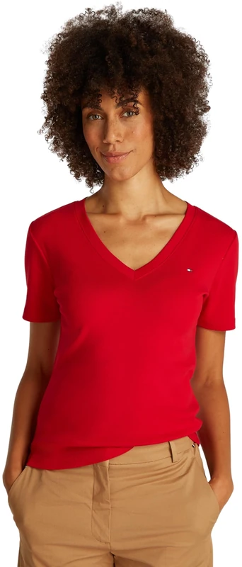Tommy Hilfiger Women’s Short Sleeve T-Shirt New Slim Cody V-Neck, Red (Primary Red), XXS