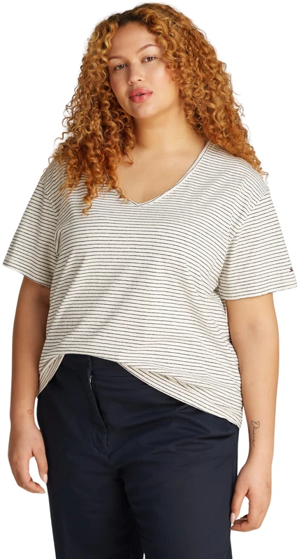 Tommy Hilfiger Women’s Short Sleeve V-Neck Modern Linen T-Shirt, Multicolor (Calico/Dark Night Navy STP), 24