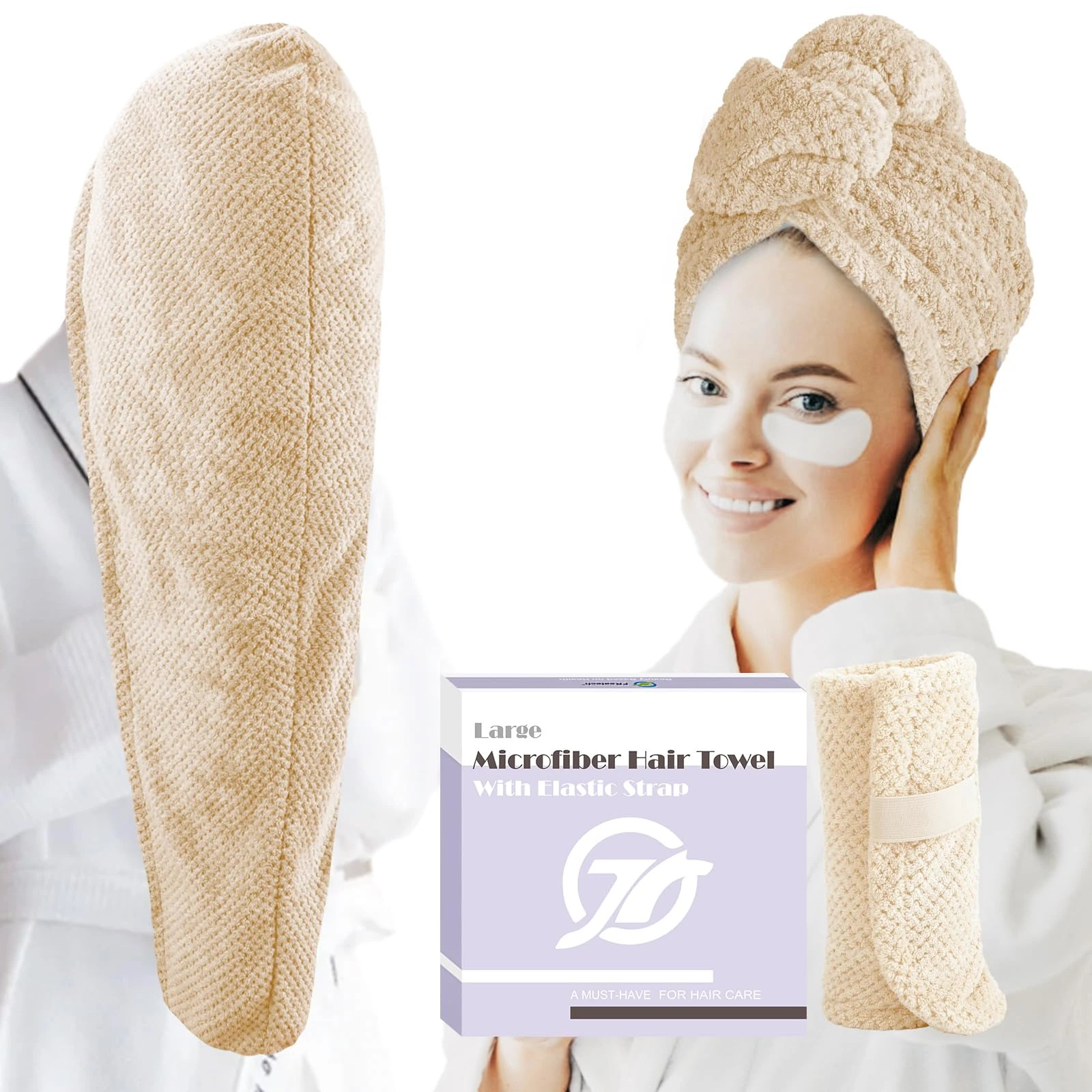 FREATECH Large Microfibre Hair Towel Wrap 86 x 26 cm, Thicken Super Absorbent Anti-frizz Turbans with Elastic Band for Women Long Thick Curly Plopping Wet Hair, Camel