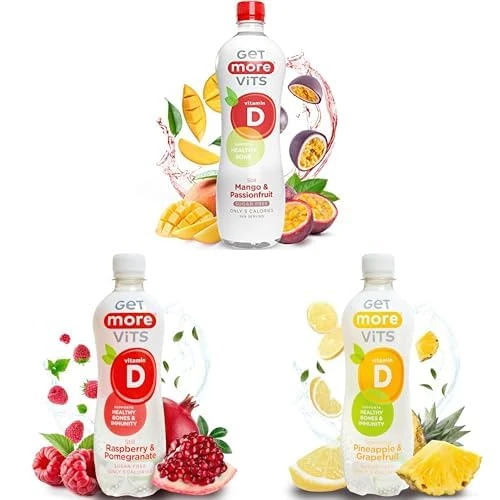 Bundle of Get More Vits - Vitamin D Drinks (36 x 500ml) - Still Raspberry & Pomegranate, Still Mango & Passionfruit Spring Water, Sparkling Pineapple & Grapefruit