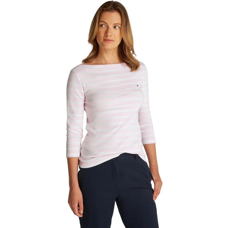 Tommy Hilfiger Women’s Long Sleeve Slim Fit New Cody Top with Boat Neck, Multicolor (Light Pink/Ecru STP), XXS