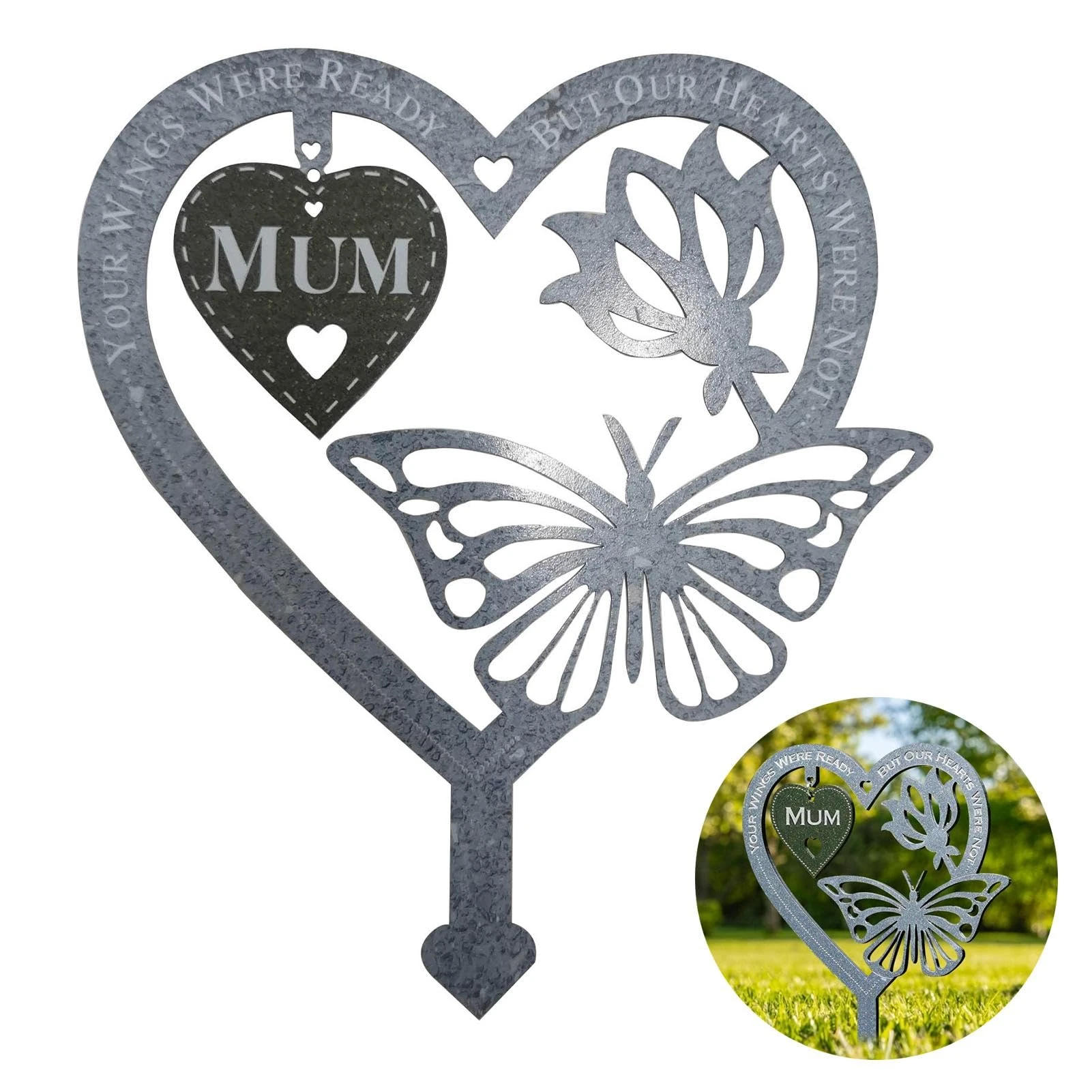 Garden Memorial Plaque Heart Shaped Butterfly Ornament Mom Graveside Memorial Stake Inserted Garden Stakes Yard Sign for Grave/Yard/Outdoor Garden/Lawn(COLOUR:Silver)