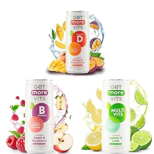 Bundle of Get More Vits Cans (36 x 330ml), Vitamin D - Sparkling Mango & Passionfruit, B Vitamins - Sparkling Apple & Raspberry, Multi Vits - Sparkling Lemon & Lime