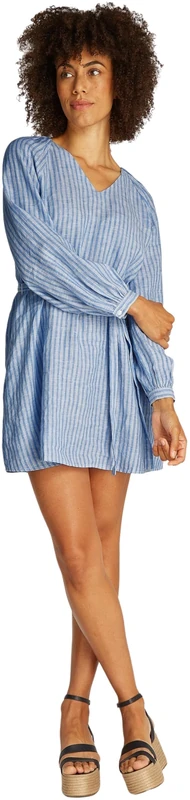 Tommy Hilfiger Women’s Short Linen Dress with Waist Belt, Blue (Multiple STP/Blue Spell), 4