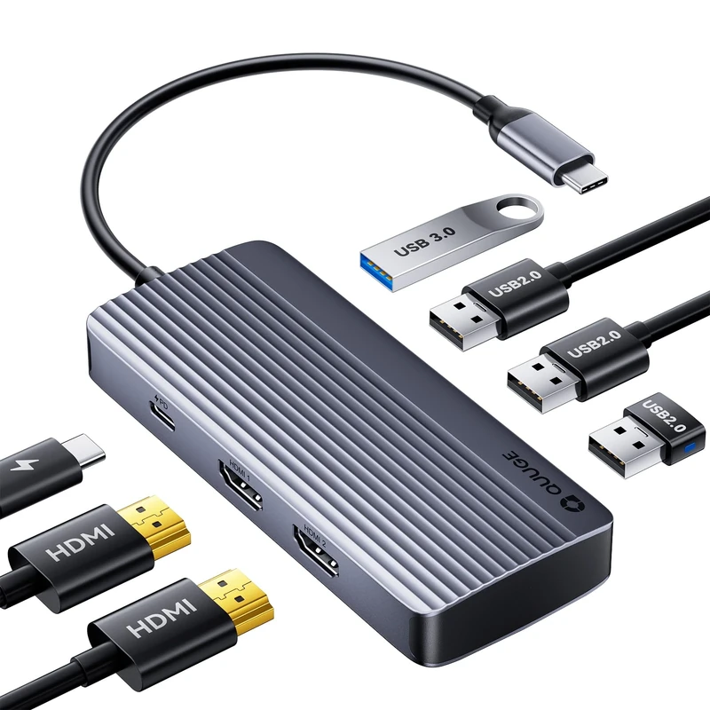 Docking Station Dual Monitor, QUUGE 7 in 1 USB C hub multiport adapter 2 HDMI, Dual 4K, 5Gbps USB 3.0, 3 x USB 2.0 & 100W Power Delivery, USBC Docking Station for Dell XPS, HP Spectre