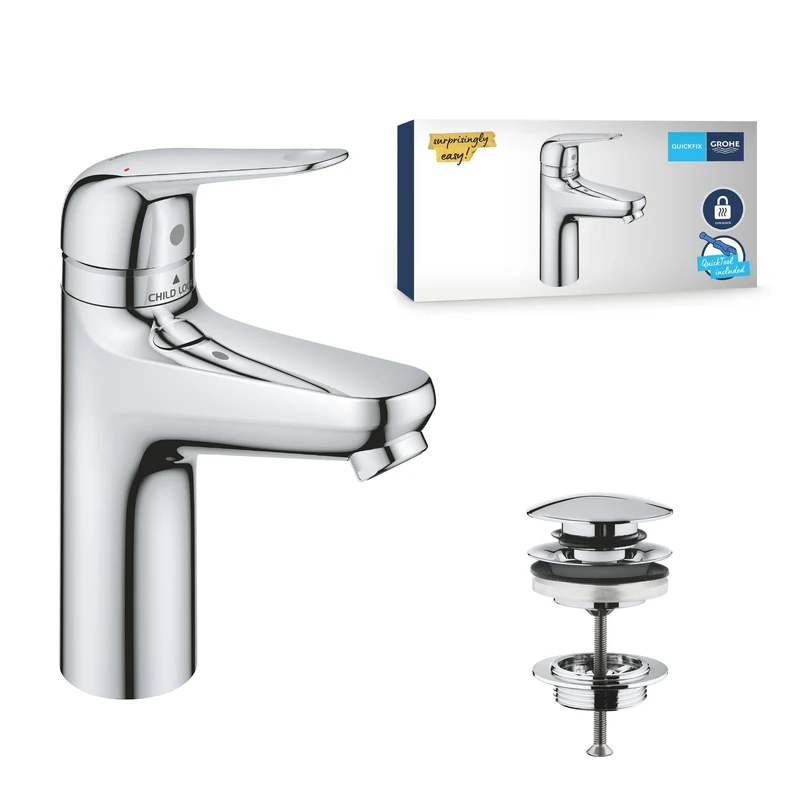 GROHE Swift QuickFix – Basin Mixer with Push-Open Waste Set & Child-Safety Lock (M-Size 185mm, 28mm Ceramic Cartridge, Water Saving, Tails 3/8 Inch, Easy to Fit with GROHE QuickTool), Chrome, 24327001