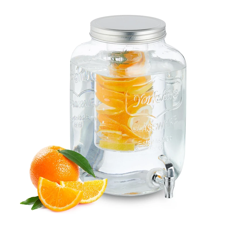 Relaxdays Beverage Dispenser with Insert, Tap & Lid, Glass, Lemonade Container, Water Reservoir, 8 Litre, Transparent, Iron, 29 x 21 x 18 cm