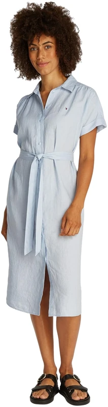 Tommy Hilfiger Women’s Short Sleeve Linen Belted Midi Shirt Dress, Blue (Breezy Blue), 10