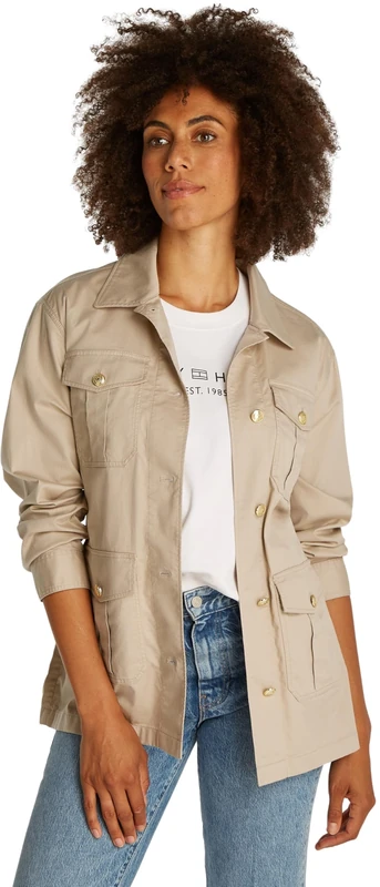 Tommy Hilfiger Women's Gold Button Utility Shirt Jacket with Chest Pockets, Beige (Sandalwood), M