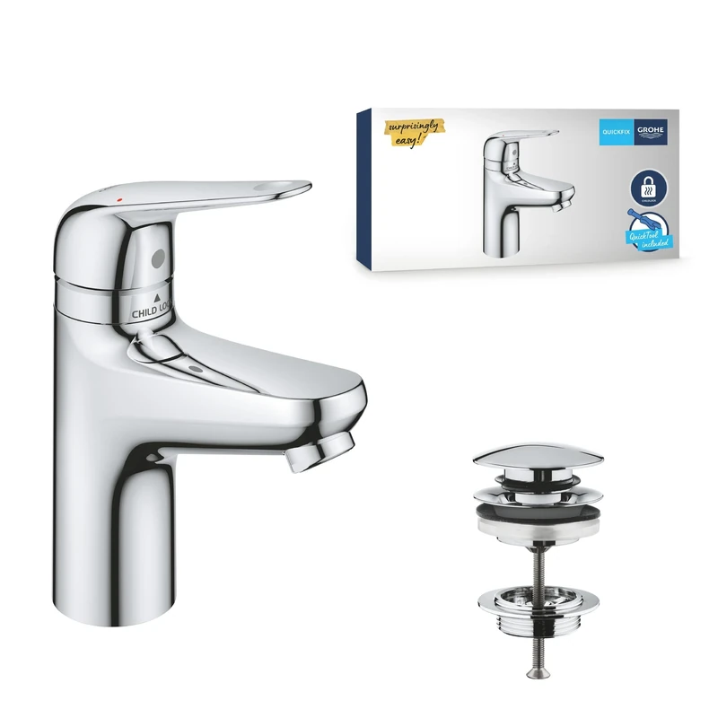 GROHE Swift QuickFix – Basin Mixer Tap with Push-Open Waste Set & Child-Safety Lock (S-Size 167mm, 28 mm Ceramic Cartridge, Water-Saving, Tails 3/8 Inch, Easy to Fit with QuickTool), Chrome, 24319001