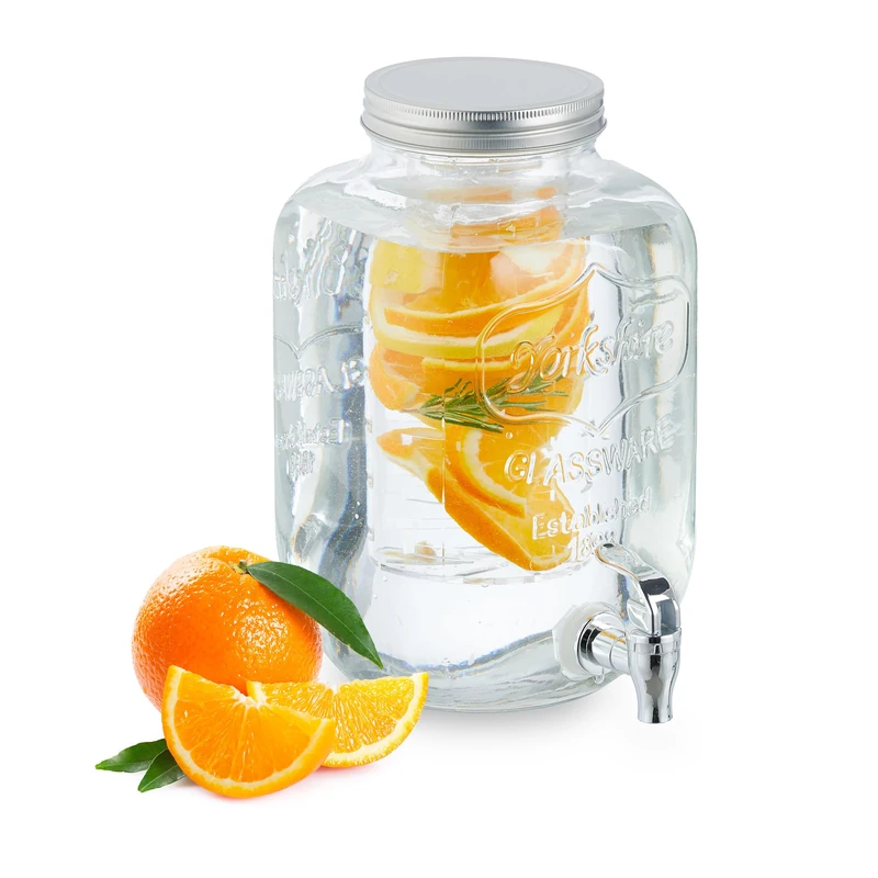 Relaxdays Beverage Dispenser with Insert, Tap & Lid, Glass, Lemonade Container, Water Reservoir, 5 Litre, Transparent, Iron, 29 x 21.5 x 16.5 cm