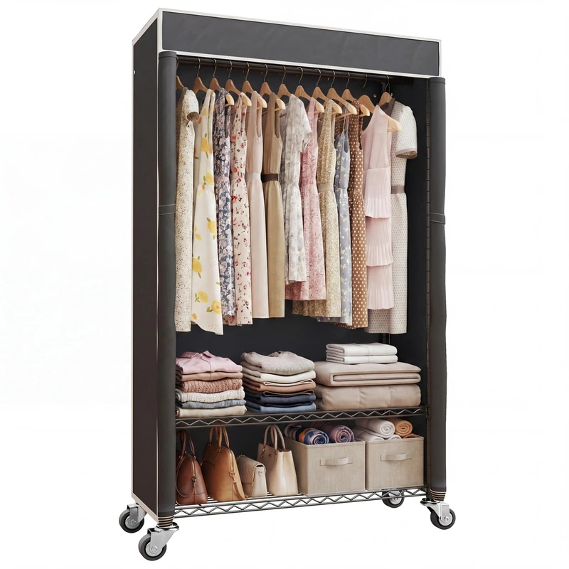 Higeego H4 Clothing Rack with Cover, Rolling Heavy Duty Clothes Rack, Garment Rack on Wheels, Portable Closet for Hanging Clothes, Black Clost Rack with Black Fabric Cover, Max Load 380LBS