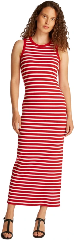 Tommy Hilfiger Women’s Slim Fit Midi Dress, Multicolor (Primary Red/Ecru STP), XXS