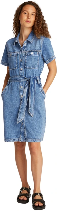 Tommy Hilfiger Women’s Short Sleeve Belted Ali Knee Length Denim Dress, Blue (Ali), 18