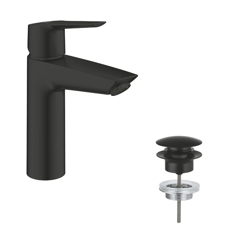 GROHE Start QuickFix - Basin Mixer Tap with Push-Open Waste Set (M-Size 192 mm, 28 mm Ceramic Cartridge, Water Saving, Tails 3/8 Inch, Easy to Fit with GROHE QuickTool), Matt Black, 242042432