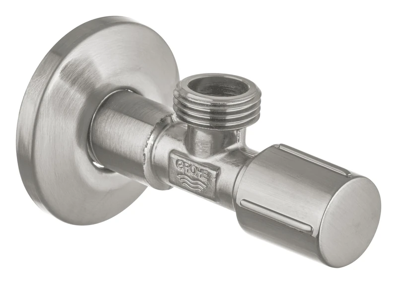 GROHE Brass Angle Valve 1/2 Inch - Pre-Roughened Connection Thread for Easy Sealing, Wall Connection 1/2" with Outlet 1/2", Metal Push-On Escutcheon Ø 55 mm, Supersteel, 22041DC1