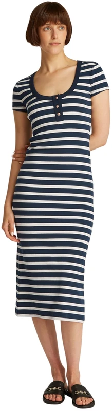 Tommy Hilfiger Women's Slim Henley Gold BTN Dress WW0WW43864, Blue, XS