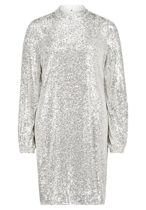 Cartoon Women's Sequin Dress with Stand-Up Collar, Light Silver Grey, 12