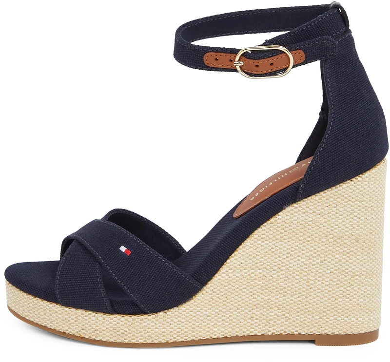 Tommy Hilfiger Women’s Flag Crossover High Wedge Sandals with Ankle Straps, Blue (Space Blue), 6