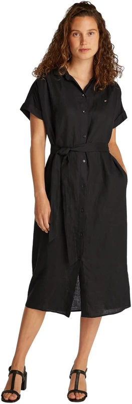 Tommy Hilfiger Women’s Short Sleeve Linen Belted Midi Shirt Dress, Black (Black), 12