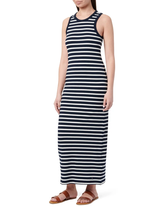 Tommy Hilfiger Women’s Slim Fit Midi Dress, Multicolor (Dark Night Navy/Ecru STP), L
