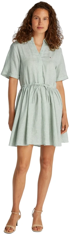 Tommy Hilfiger Women’s Short Linen Dress with Waist Belt, Multicolor (Classic Ithaca/Fort Green), 8