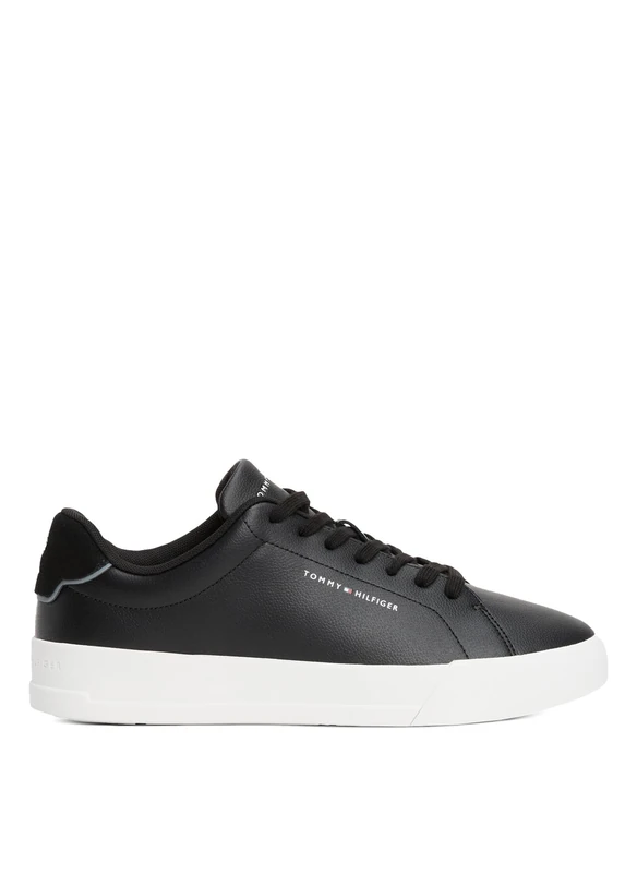 Tommy Hilfiger Men’s Detail Essential Leather Court Trainers, Black (Black), 8