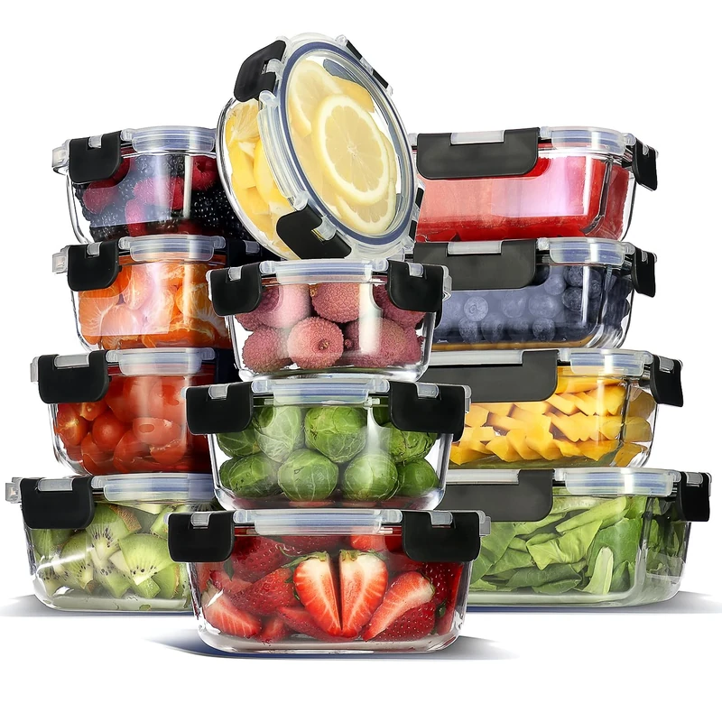 EATEX 12-Pack Glass Food Storage Containers with Lids, Airtight Glass Meal Prep Containers, Reusable Glass Food Containers with Leakproof Snap Lock Lids, Oven Microwave Freezer Safe Lunch