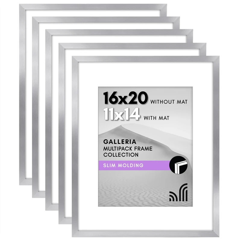 Americanflat Galleria Collection - 16x20 Picture Frame Set with Polished Plexiglass - Use as 11x14 with Mat or 16x20 without Mat - Silver